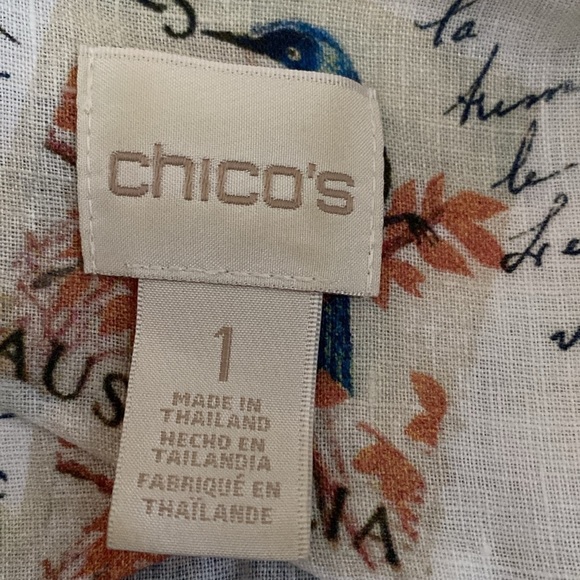 Vintage Chico’s Linen Button Down Blouse Womens S Bird Stamp Novelty Print shirt - Picture 6 of 10